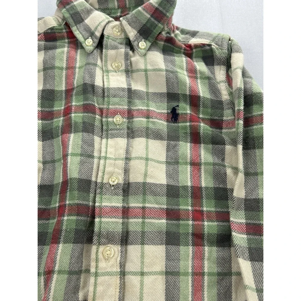 Ralph Lauren Boys Sz 5 Plaid Flannel Shirt Green Red Cotton Button Down Holiday